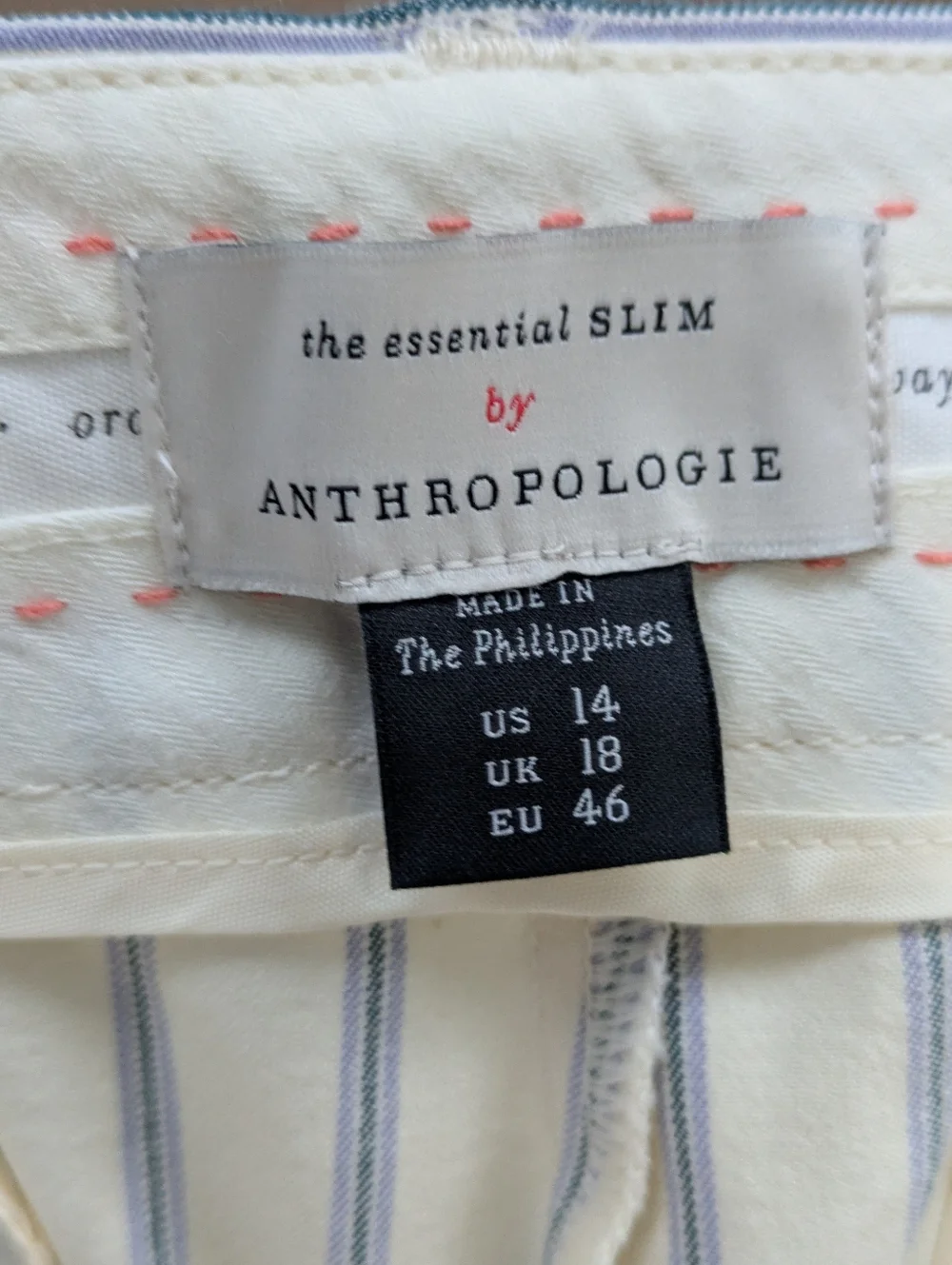 Anthropologie Essential Slim Cream Trousers with Blue & Lavender Pinstripes - Picture 3 of 10
